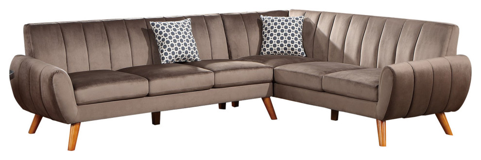 Benzara BM286362 L Shaped Sectional Sofa  Vertical Tufting  Velvet  Taupe Brown   Midcentury   Sectional Sofas   by Uber Bazaar  Houzz