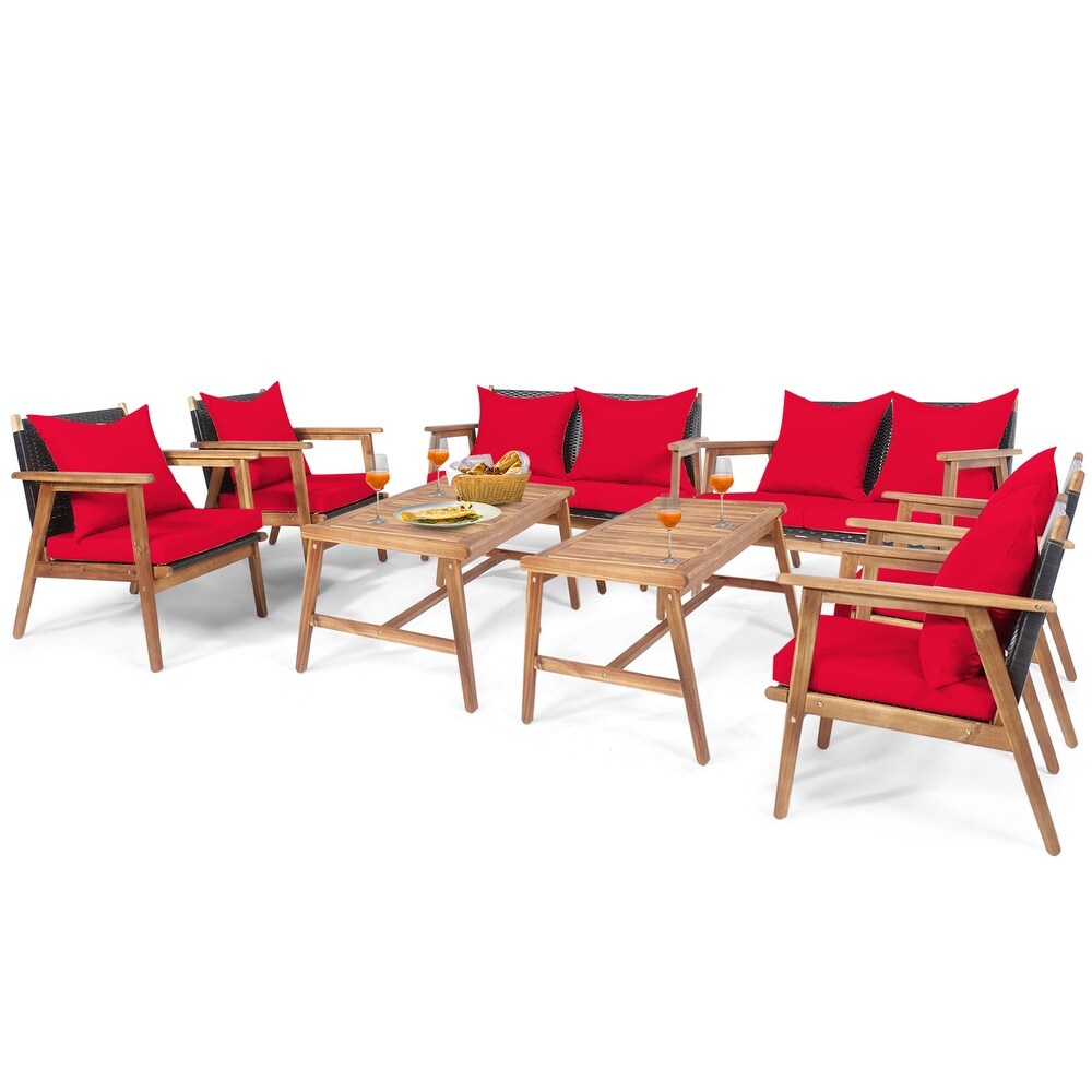 Gymax 8PCS Patio Conversation Set Wood Frame Furniture Set w/ Red   See Details