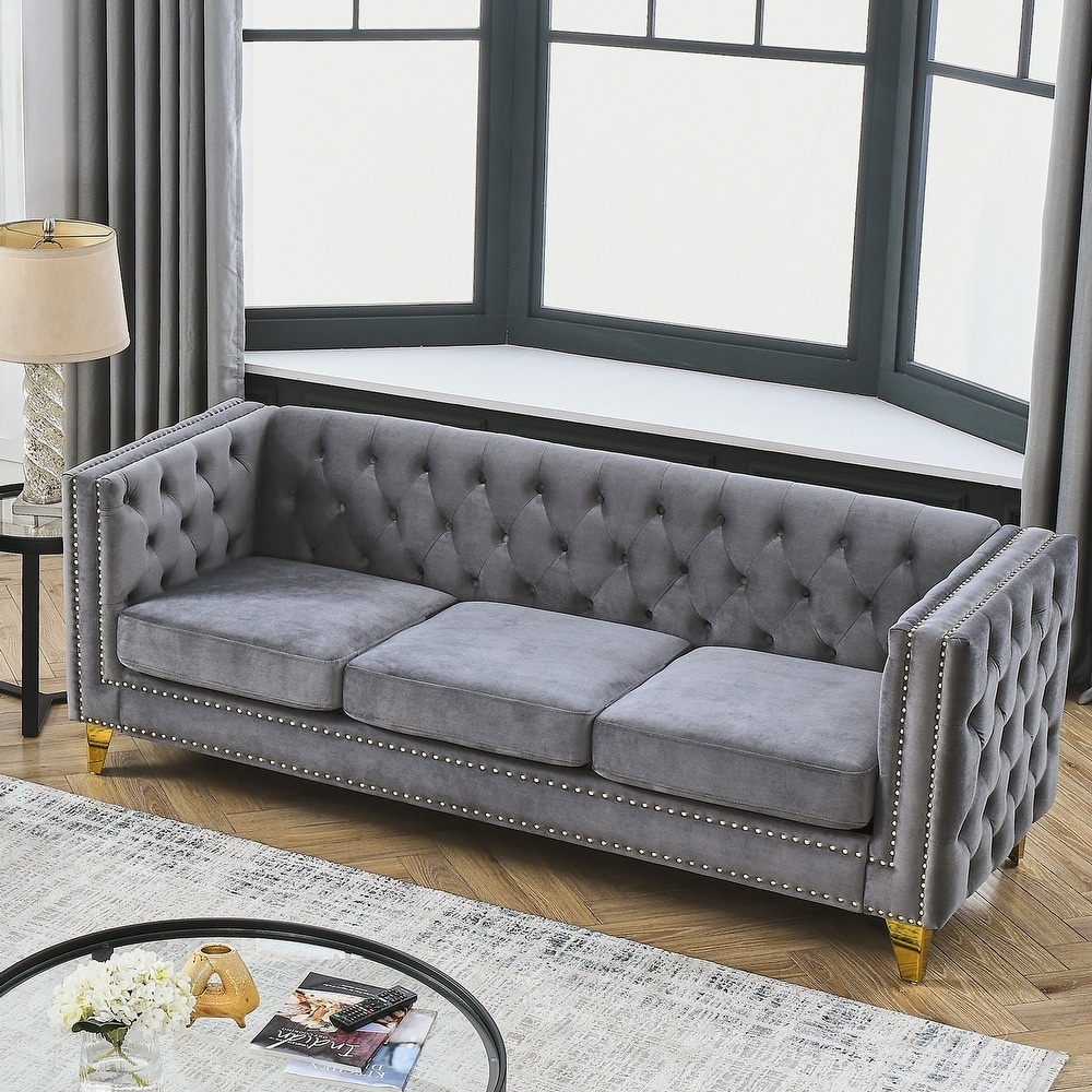 Buttons Tufted Square Arm Couch Set  Velvet Upholstered Sofa with Removable Cushion and Metal Legs for Living Room