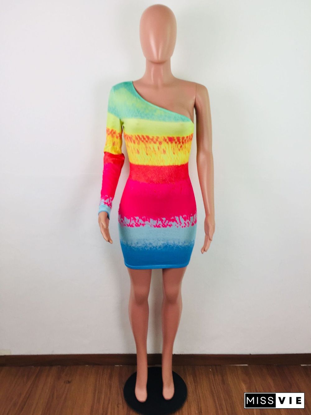 Colorful Printed Single Sleeve Bodycon Mini Dress