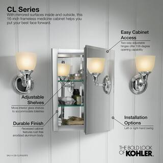 KOHLER 15.5 in. W x 19.5 in. H x 5 in. D Aluminum Recessed Medicine Cabinet K-CB-CLR1620FS