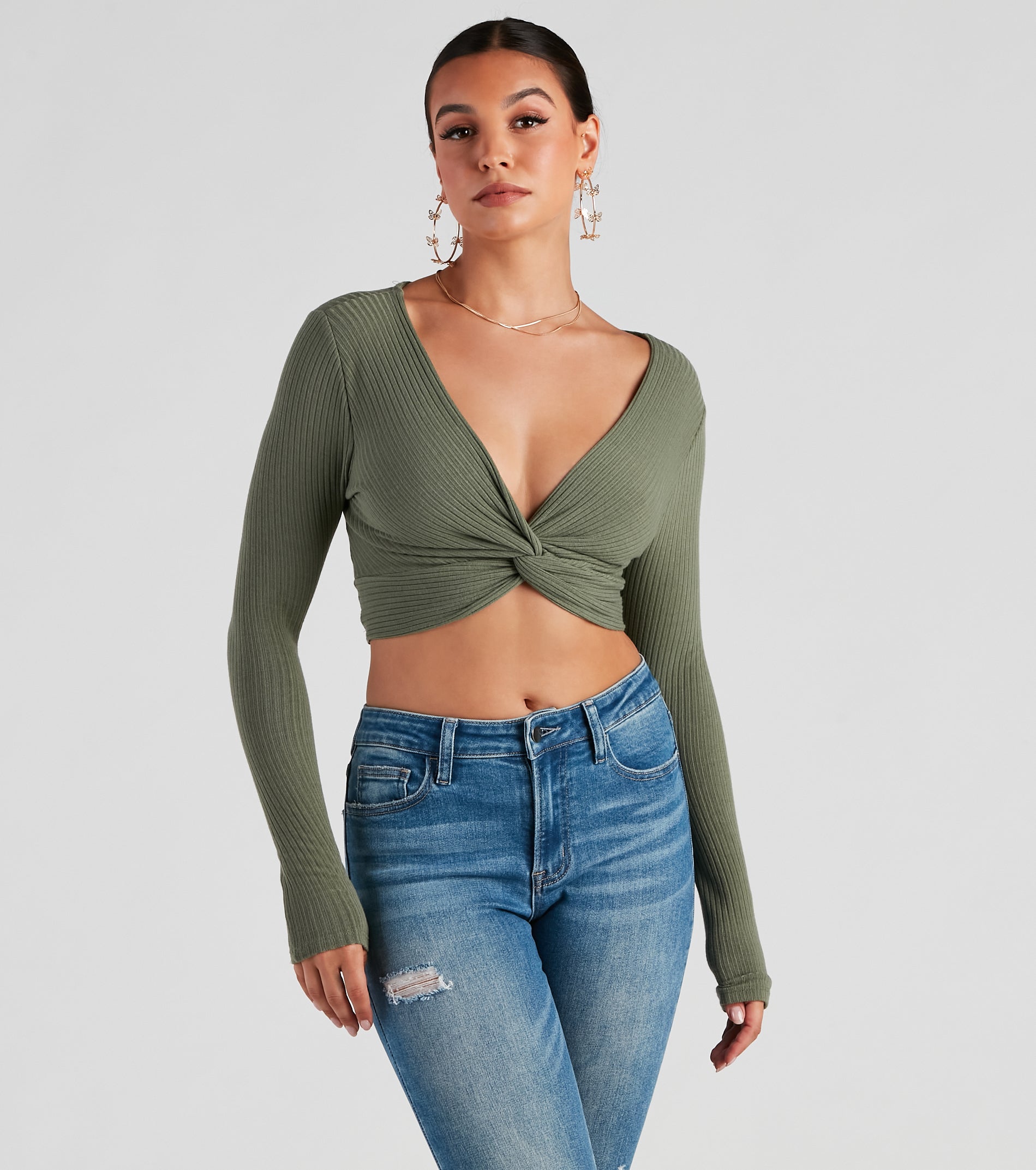 Trendy Twist-Front Ribbed Knit Crop Top