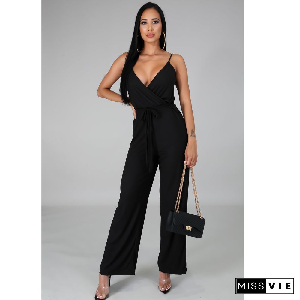 Women Elegant Summer Deep V Neck Sleeveless Solid Color Wide Leg Spaghetti Strap Bandage Jumpsuit