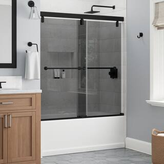 Delta Lyndall 60 in. W x 59.25 in. H Mod Soft-Close Sliding Frameless Tub Door in Matte Black with 14 in. (6mm) Smoked Glass SD6765066