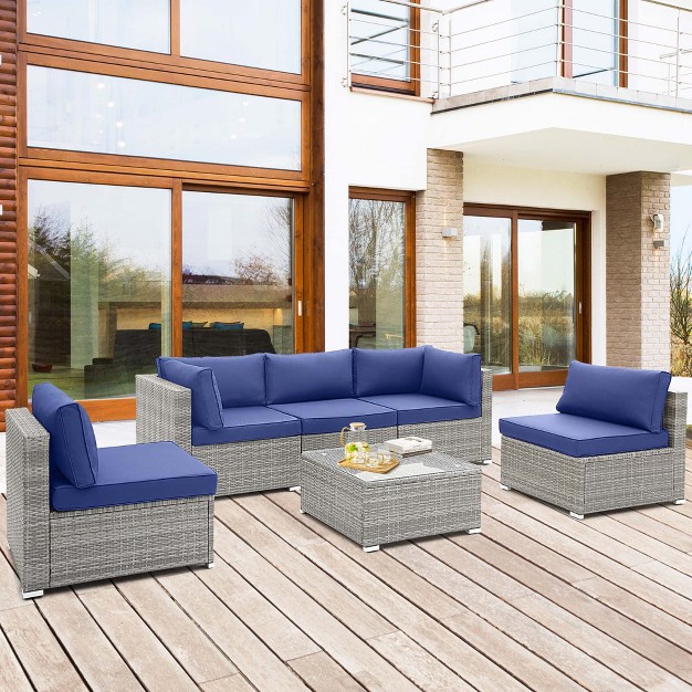 Costway 6 Pcs Patio Conversation Sofa Set Outdoor Rattan Furniture Cushioned Seat Navy