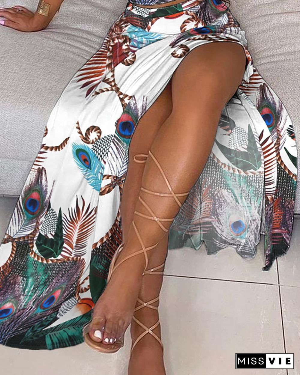 Off Shoulder Peacock Print Top & High Slit Maxi Skirt Sets