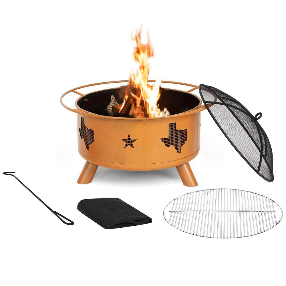 Nuu Garden 30 in. Steel Round Wood Burning Fire Pit with PokerCoverCooking Grate in Orange AF009-OR