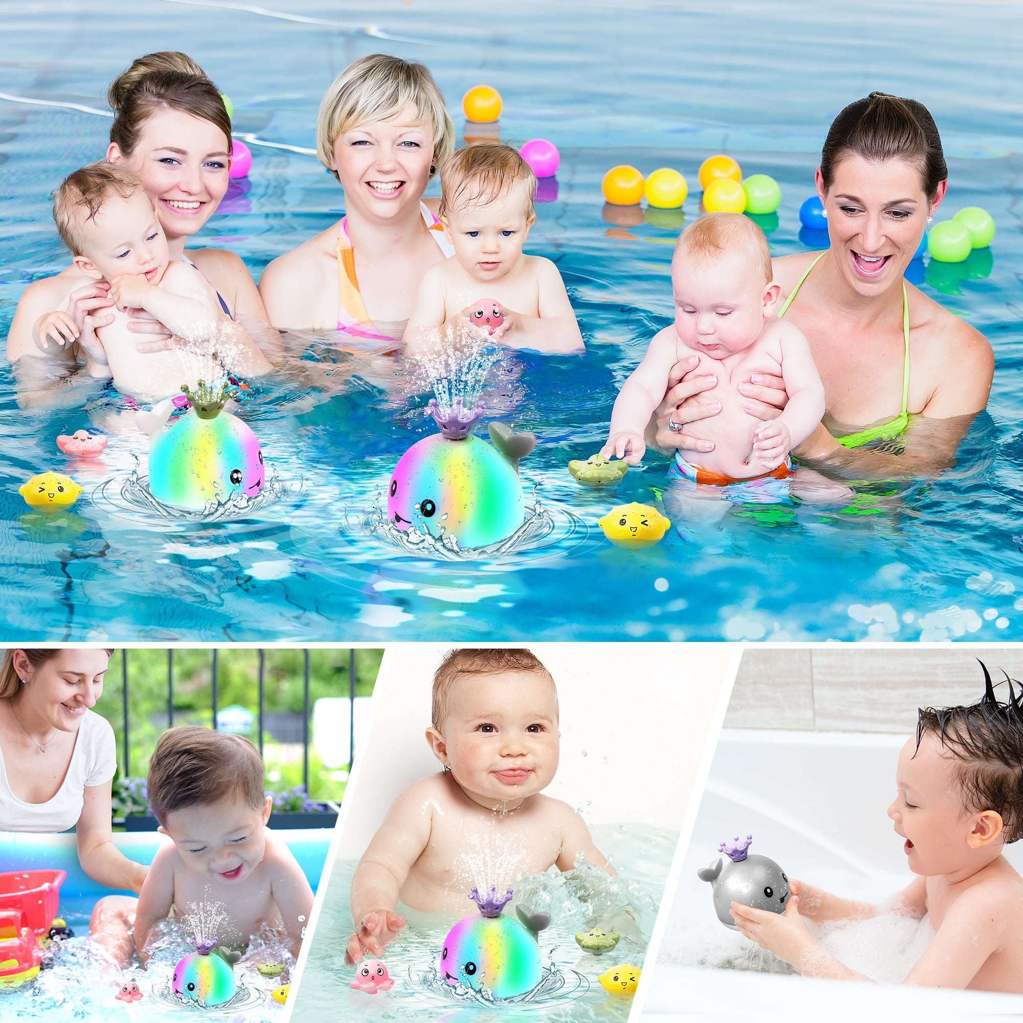 Hot Bee Whale Bath Toys for Kids， 4 Water Spraying Modes Summer Swimming Pool Toys， Light up Sprinkler Bathtub Toys Christmas Birthday Gift for Baby Boys Girls-Gray