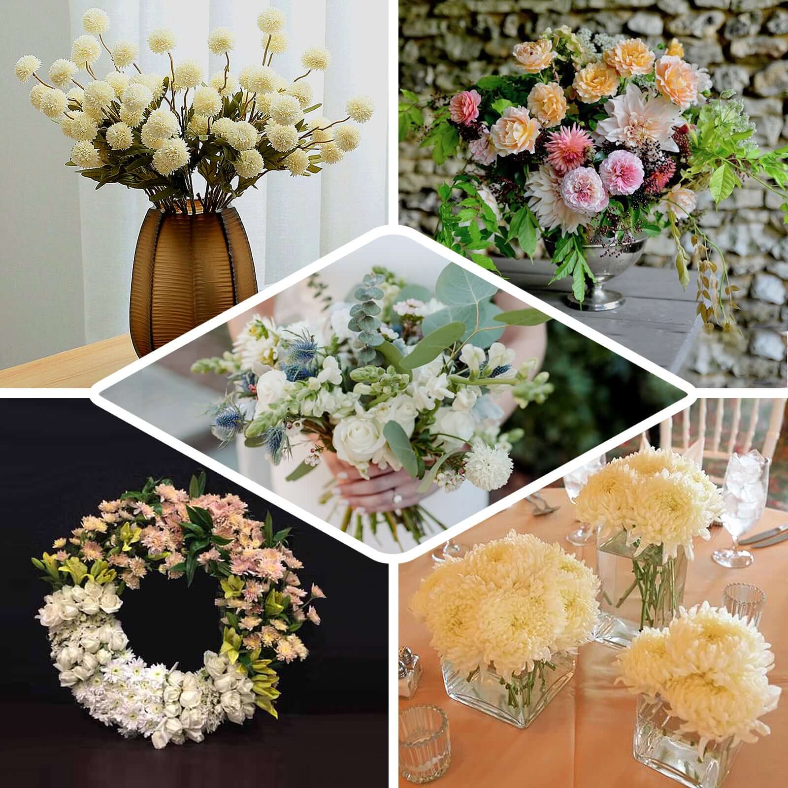 2 Bushes Ivory Artificial Mums Spray, Faux Chrysanthemum Flower Bouquet 33