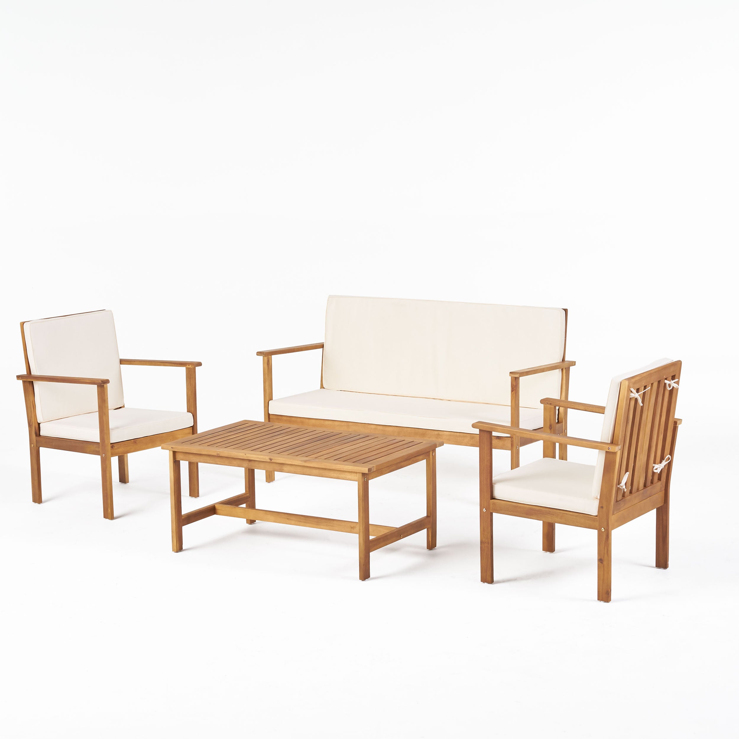 Luciano Outdoor Acacia Wood Chat Set w/ Water Resistant Cushions