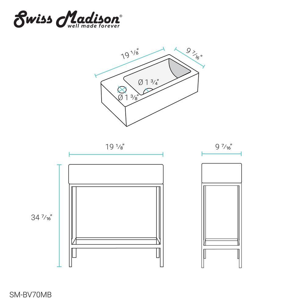 Swiss Madison Pierre 18.87 in. W x 9.4 in. D x 34.4 in. H Bathroom Vanity Side Cabinet in Matte Black with White Ceramic Top SM-BV70MB