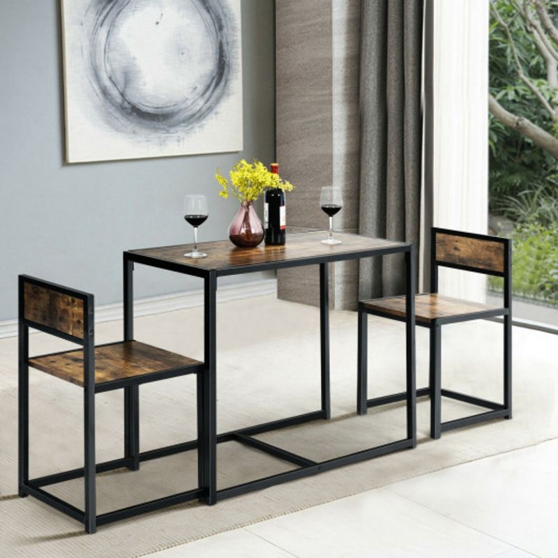 3 Pcs Dining Set Compact Table and 2 Chair with Metal Frame for for Small Space-Coffee