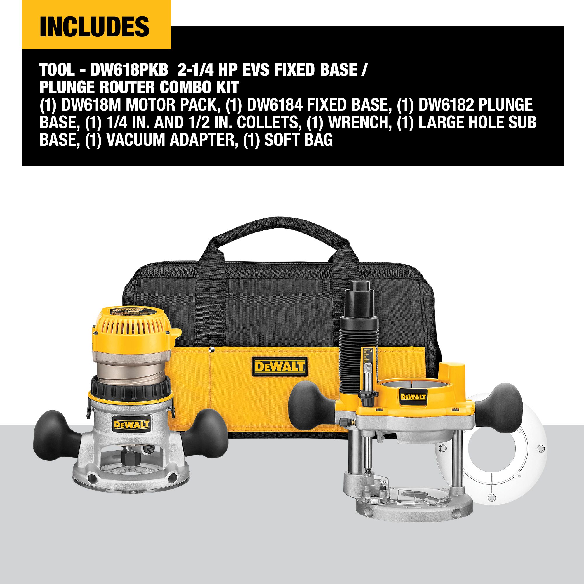 DEWALT DW618PKB 1/4-in and 1/2-in-Amp 2.25-HP Variable Speed Combo Fixed/Plunge Corded Router Soft Case (Tool Only)