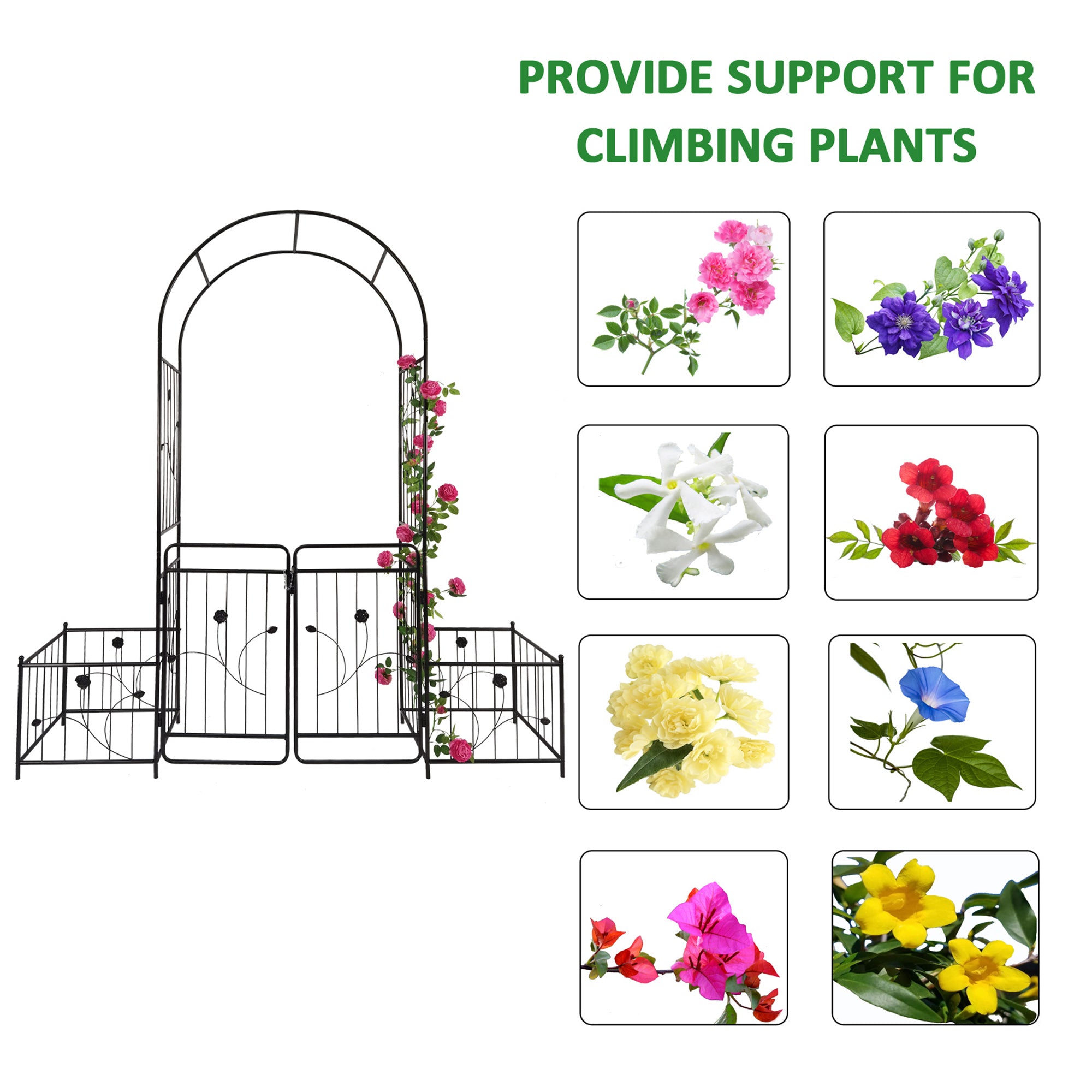 Garden Arbor Metal Garden Arch with Double Doors, Wedding Arch Party Decoration 2 Side Planter Baskets for Outdoor Lawn Climbing Plants Roses Vines