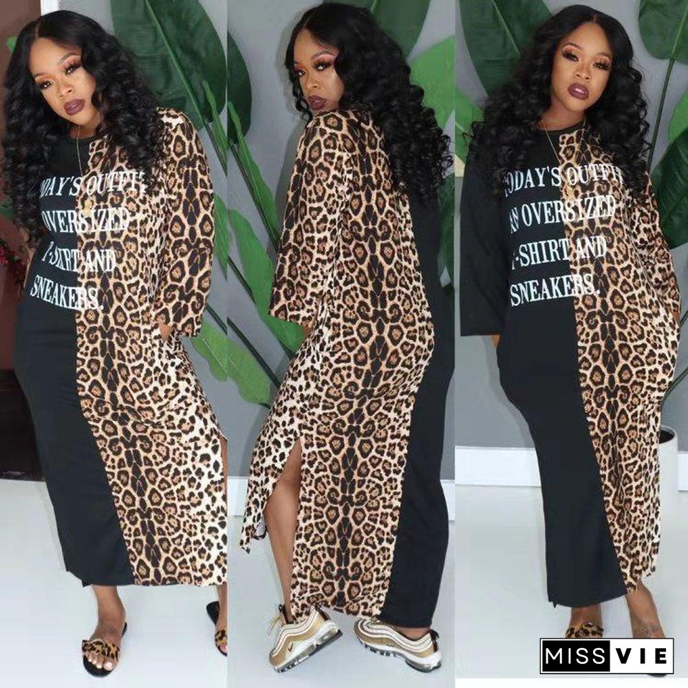 Casual Long Sleeve Leopard Letters Print Round Neck Loose Dress