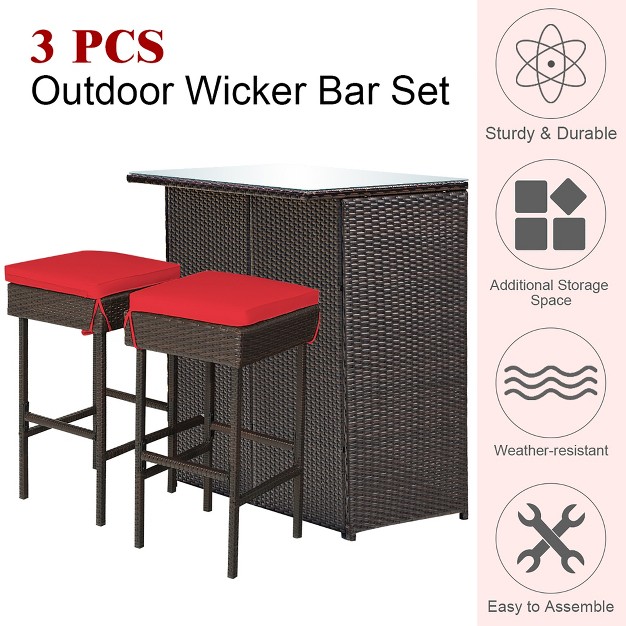 Costway 3pcs Patio Rattan Wicker Bar Table Stools Dining Set Cushioned Chairs Garden Red