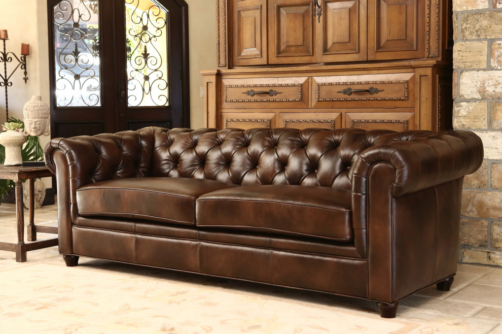 Tuscan Tufted Top Grain Leather Sofa  Brown   Traditional   Sofas   by Abbyson Living  Houzz