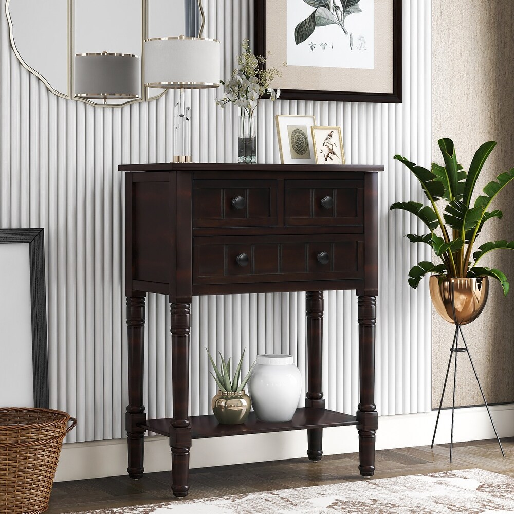 Classic Narrow Console Table with 3 Storage Drawers and Bottom Shelf  Solid Wood Sofa Table with Round Deco Knobs