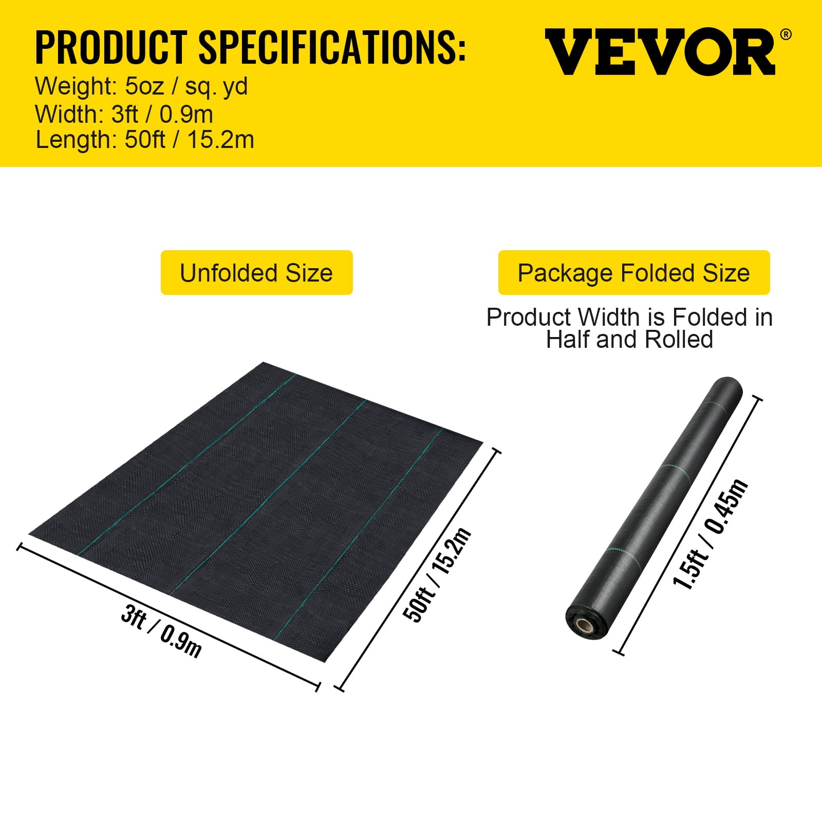 VEVOR 5ftx30ft Premium Weed Barrier Fabric Heavy Duty 5OZ, Woven Weed Control Fabric, High Permeability Good for Flower Bed, Geotextile Fabric for Underlayment, Polyethylene Ground Cover