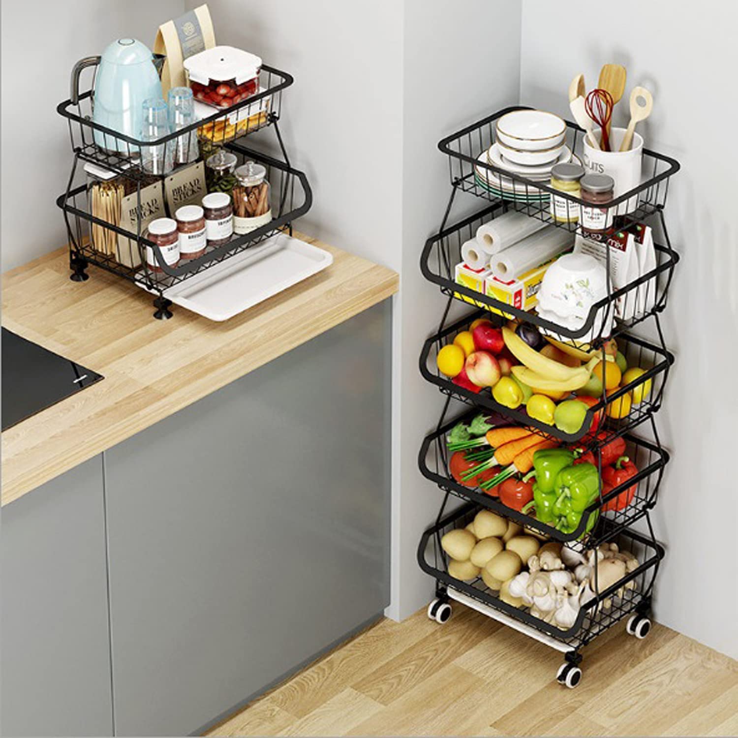 Fruit and Vegetable Basket， 5 Tier Metal Wire Stackable Kitchen Storage Rack for Kitchen， Bathroom， Pantry