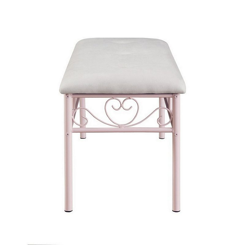 Metal Bench with Padded Seating and Scrolled Accents， Pink and Gray