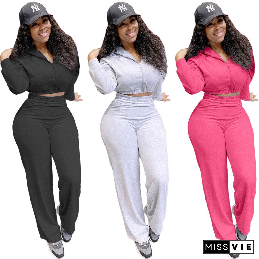 Solid Color Hooded Crop Top Wide Leg Pants Tracksuit