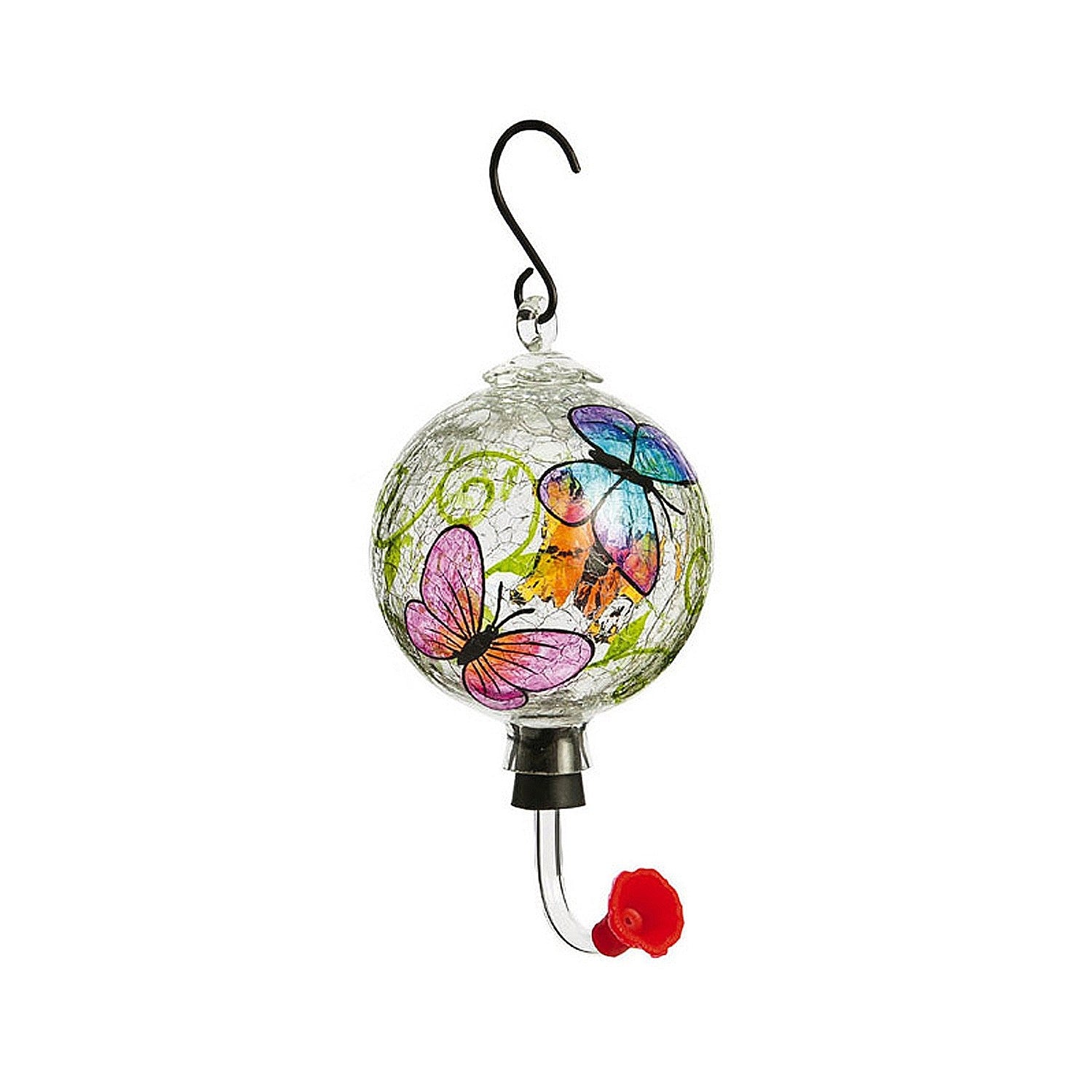 Evergreen Painted Glass Hummingbird Feeder with Crackle Effect， Butterfly