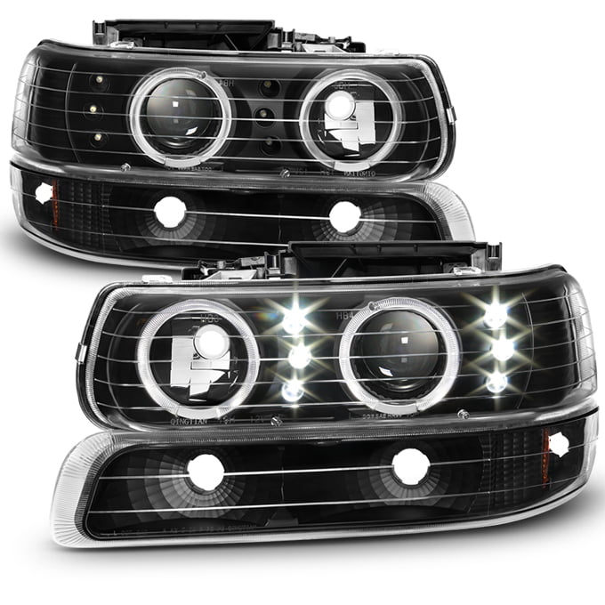 Fit 99-02 Silverado 00-06 Suburban Black Halo LED Projector Headlights Bumper