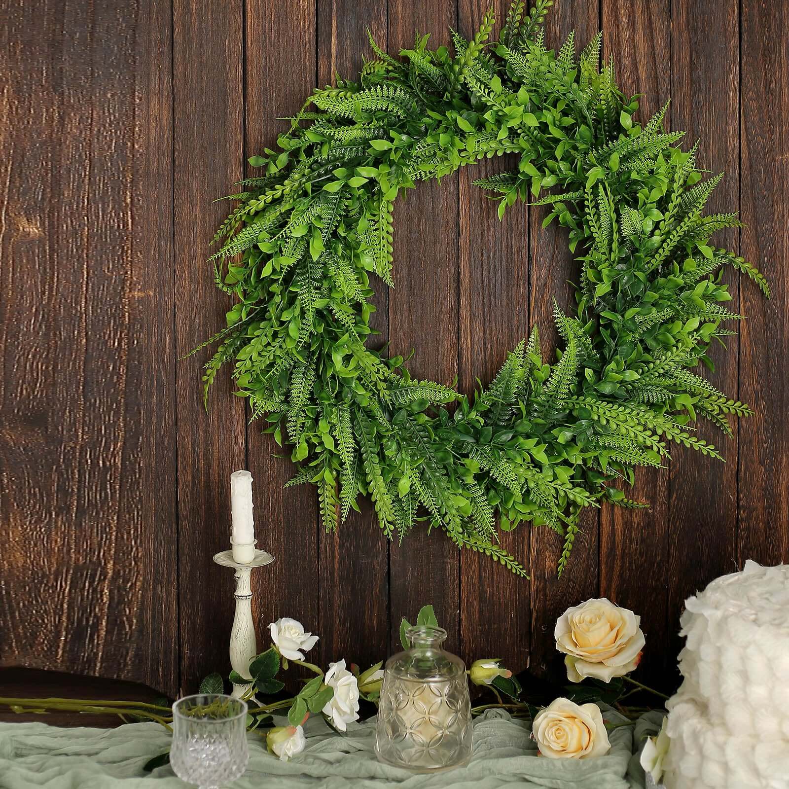 2 Pack Green Artificial Lifelike Boxwood Fern Mix Spring Wreaths 22