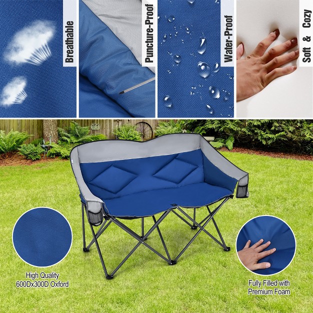 Costway Folding Camping Chair Loveseat Double Seat W Bags amp Padded Backrest Gray blue