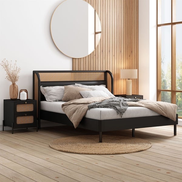 3 Pieces Bedroom Set Rattan Wood Platform Queen Bed and 2 Nightstand - - 37970687