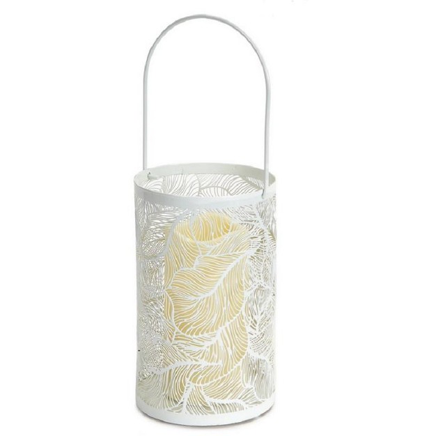 White Leaf Patterned Battery Operated Led Candle Lantern With Timer