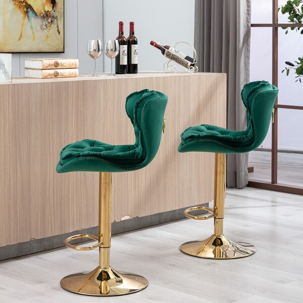 Modern Bar Stools with Chrome Footrest and Base Swivel Height Adjustable Mechanical Lifting Velvet， Golden Leg， Set of 2