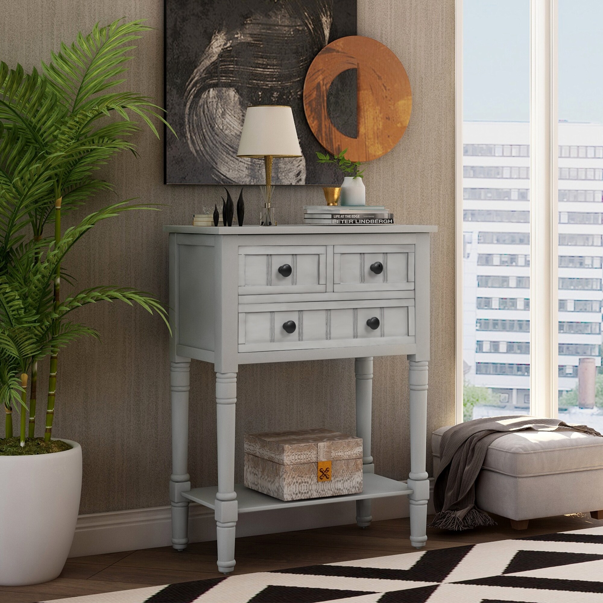 Console Table Gray Wash Sofa Table with Three Storage Drawers