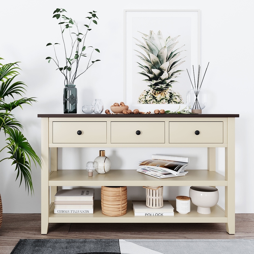 Retro Console Table Entryway Table with 3 Drawers   2 Layers Shelves  Wood Long Sofa Table Side Table for Living Room  Beige