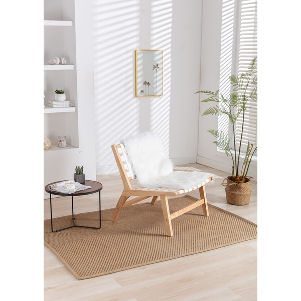 Solid Wood Frame Chair With White Wool Carpet. Modern Accent Chair Lounge Chair for Living Room