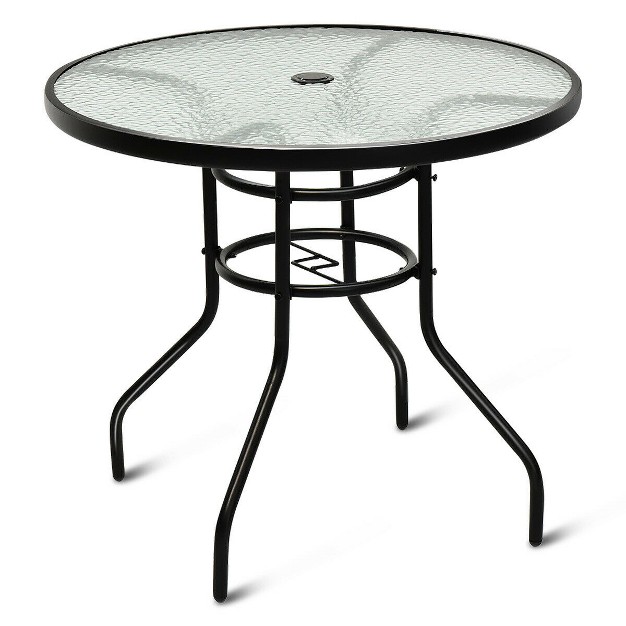 Costway 32 x27 x27 Patio Round Table Tempered Glass Steel Frame Outdoor Pool Yard Garden