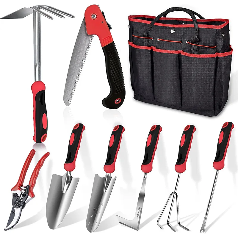 Custom 10 Pcs Stainless Steel Heavy Duty Gardening Tools Set with Folding Saw Garden Hand Tools Starter Kit Gift Sets for Women