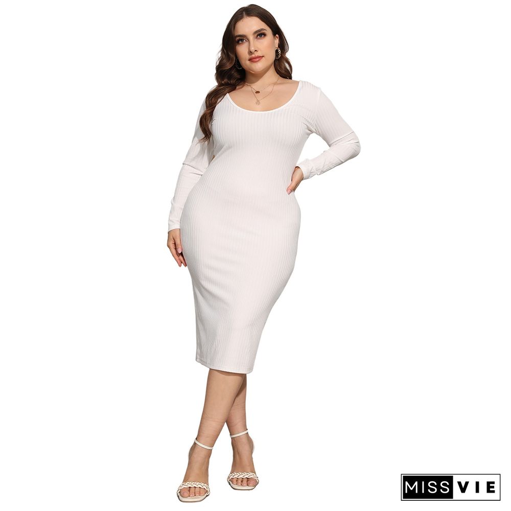 Knitting Long Sleeve Solid Color Plus Size Dress