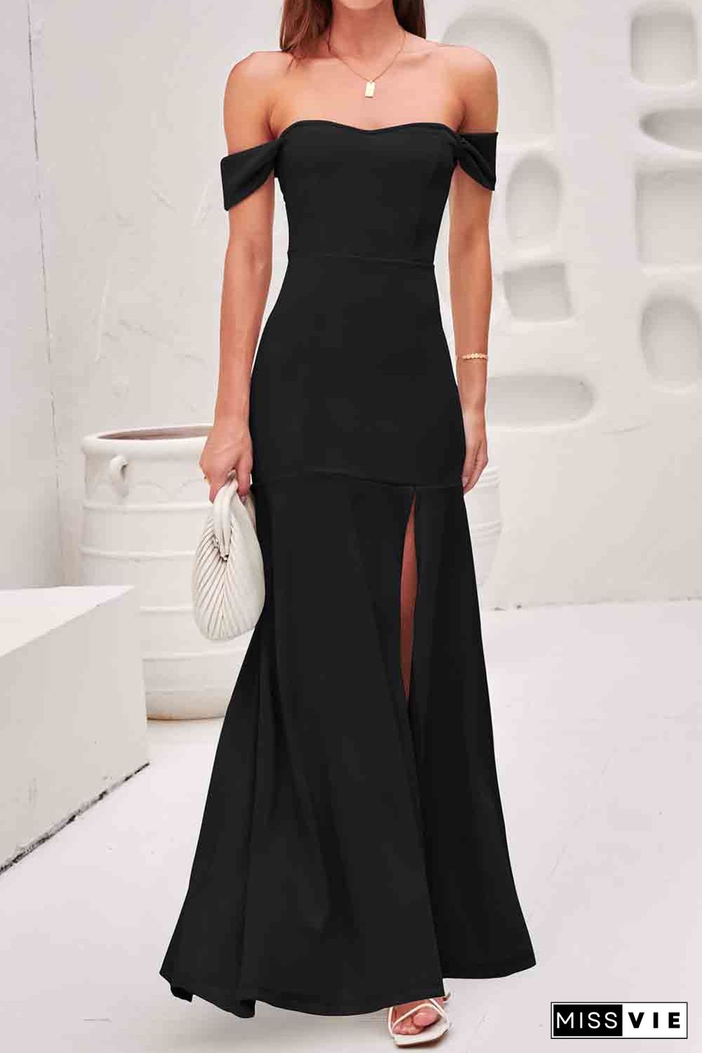 Black Thigh High Split Sheath Off Shoulder Evening Dress