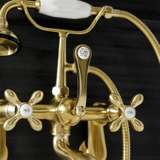 Kingston Brass Aqua Vintage 2-Handle Wall-Mount Clawfoot Tub Faucets with Hand Shower in Brushed Brass HAE57T7