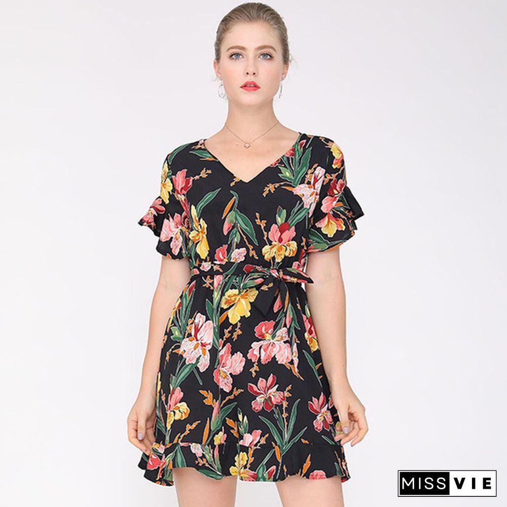 Women's Print V-Neck Tie - Up Slim Flower Printing Dress With Short Sleeves