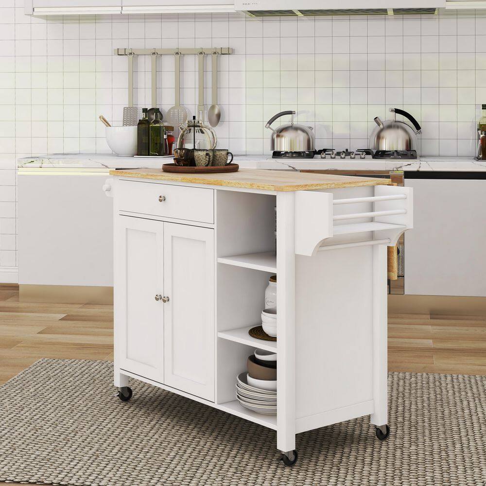 Tileon White Drop Leaf Top Kitchen Island With 1-Drawer 3-Open Shelves Towel Rack and Spice Rack AYBSZHD2024