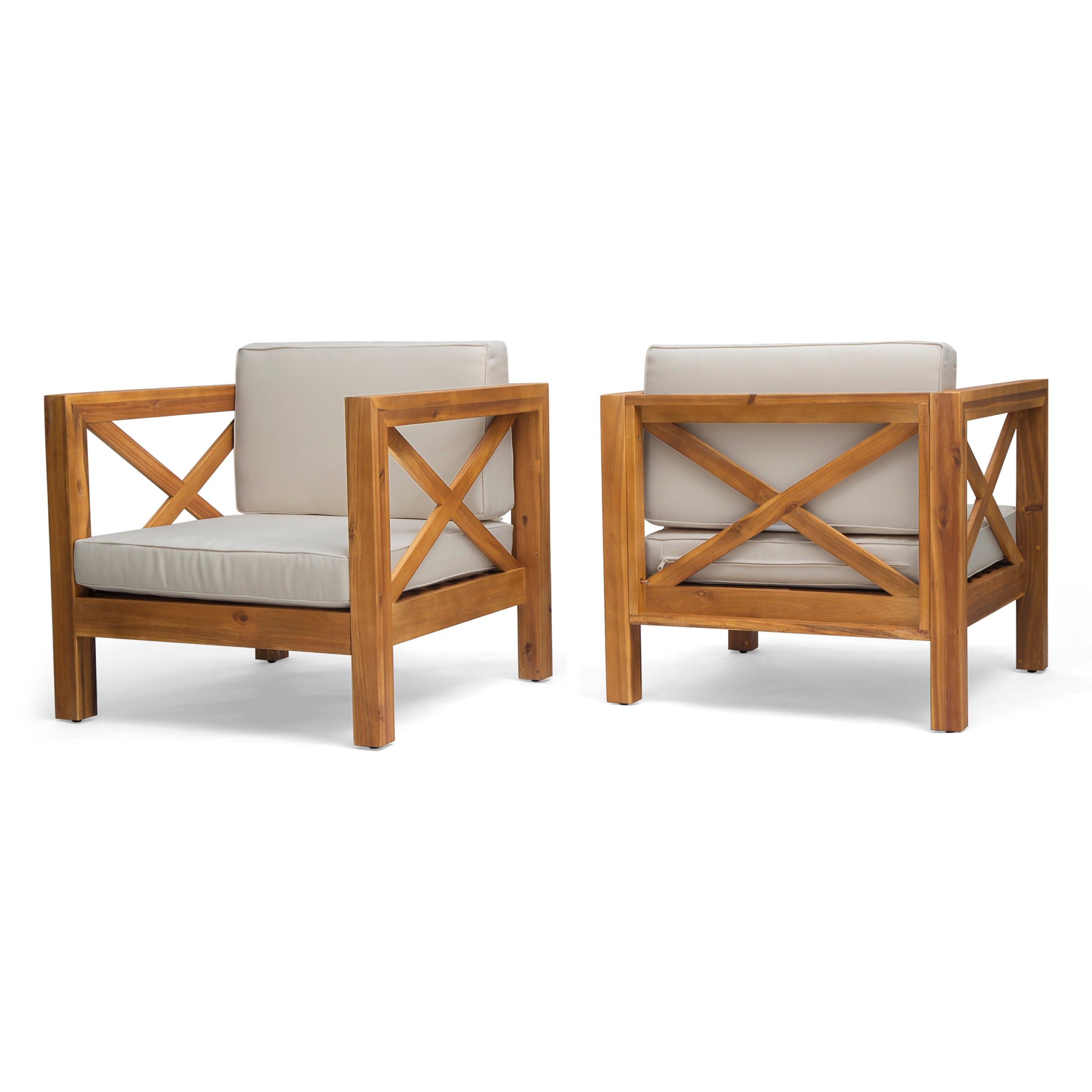 Indira Outdoor Acacia Wood Club Chairs with Cushions (Set of 2)