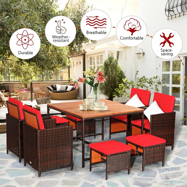 Costway 9pcs Patio Rattan Dining Set Cushioned Chairs Ottoman Wood Table Top White red