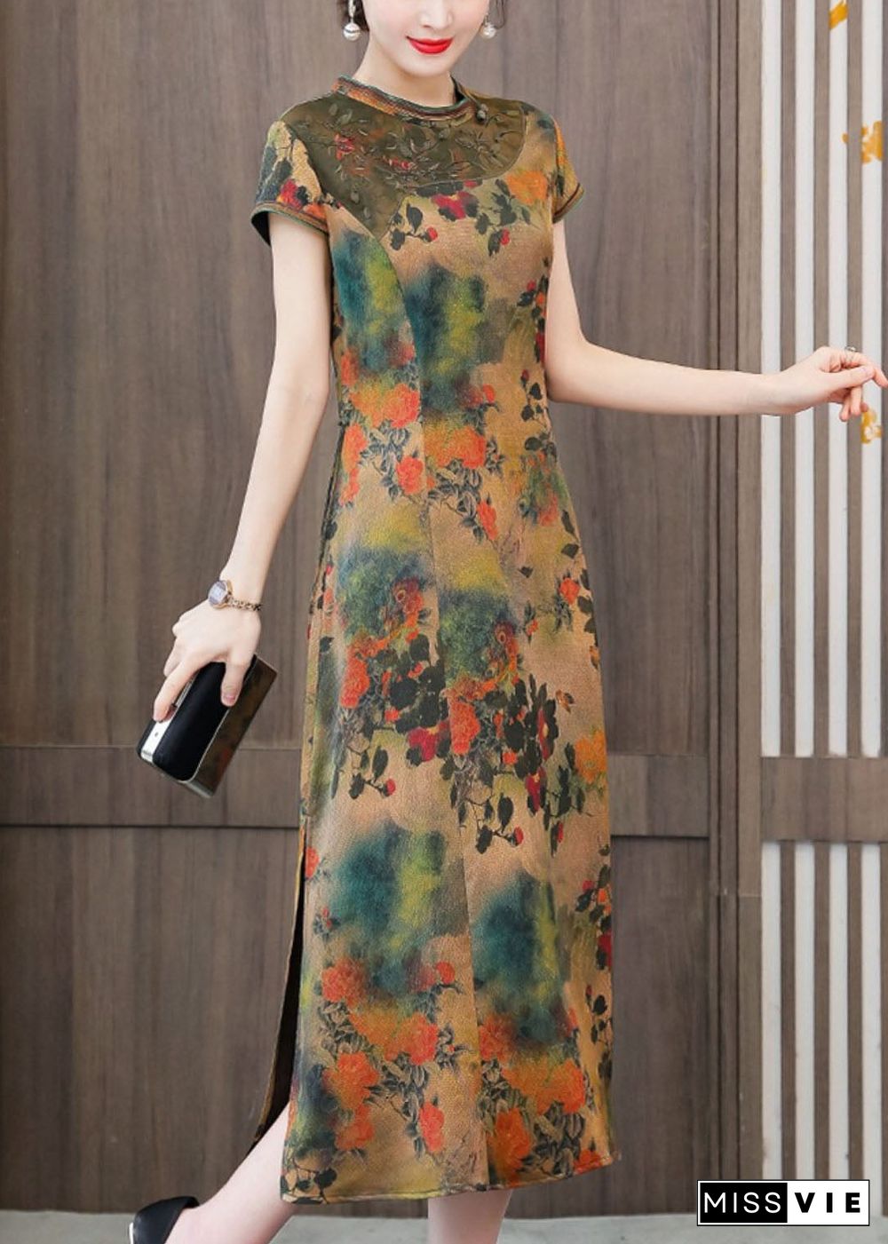 Green Print Silk Cheongsam Dresses Embroideried Slim Fit Summer