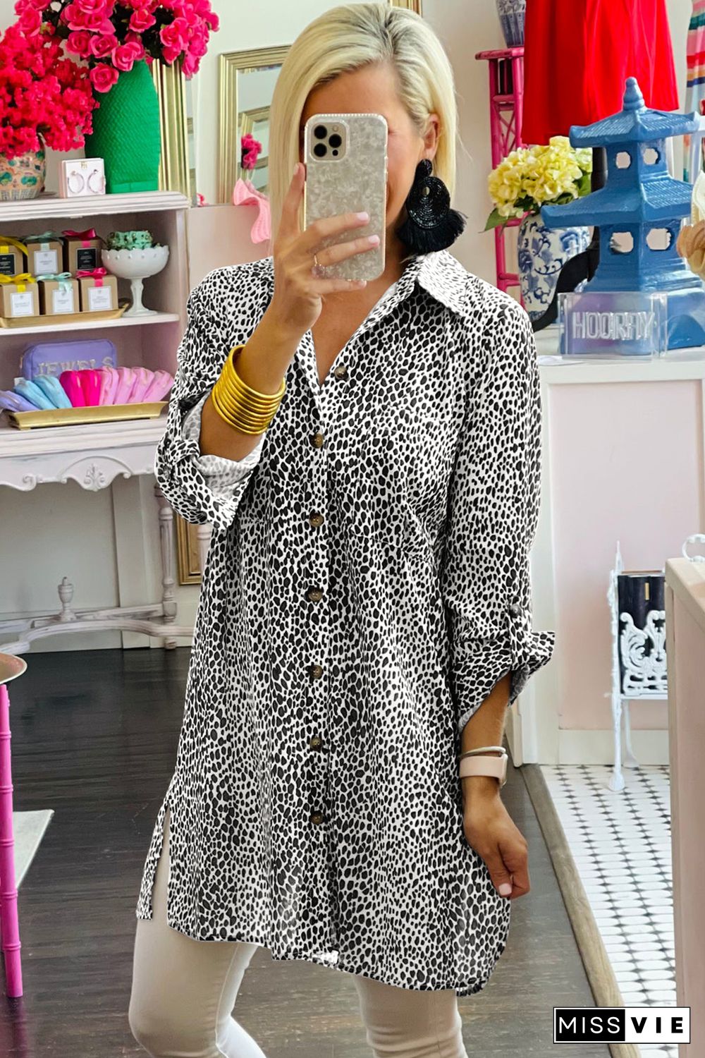 Long Sleeve Leopard Animal Print Shirt Dress