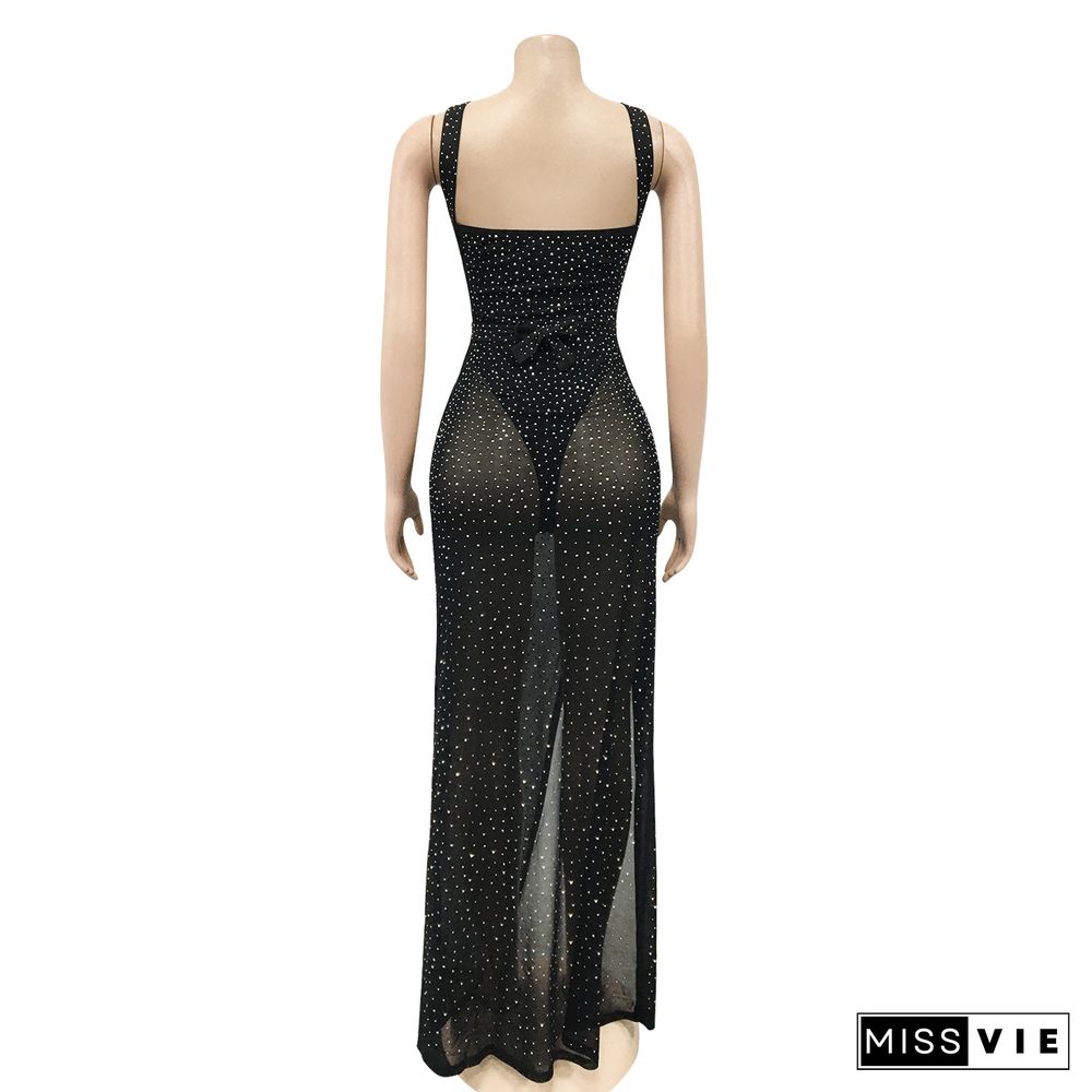 Sexy Mesh Hot Drill Sling Hollow Slit Dress