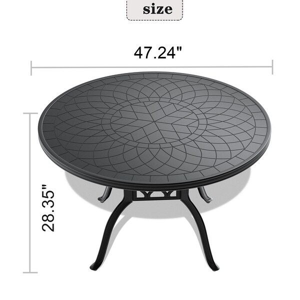 47.24 Inch Cast Aluminum Patio Dining Table with Black Frame and Carved Texture on the Tabletop