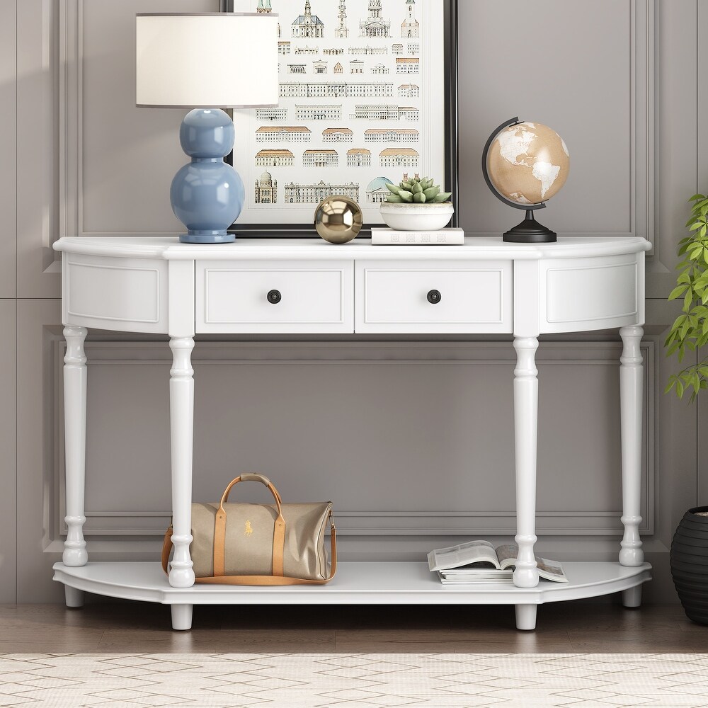 Retro Curved Console Table with Open Style Shelf and 2 Top Drawers  Half Moon Entry Table with Solid Wooden Frame and Legs